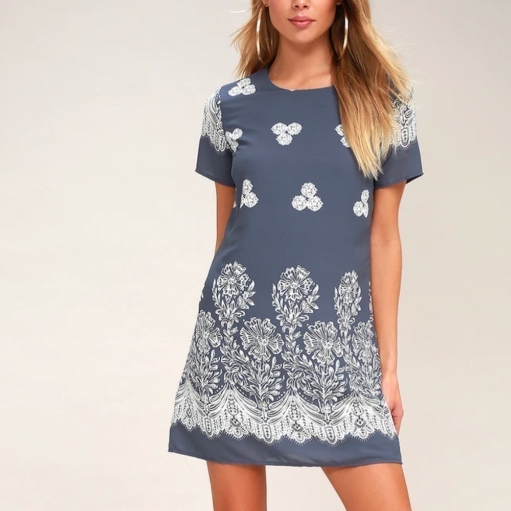 Lulus Riverside State Blue Floral Print Shift Dress Short Sleeve Mini Length - Picture 15 of 16